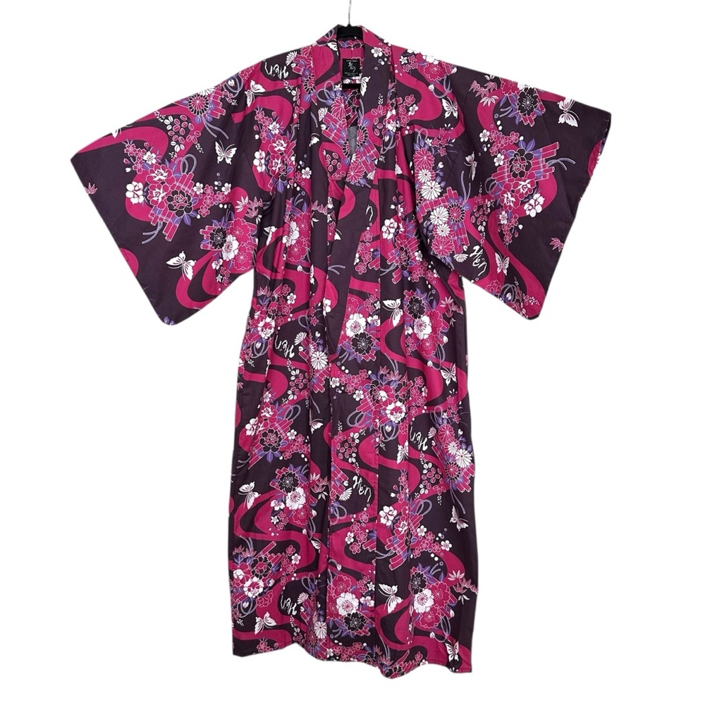 MIDORI Yukata Japanese Kimono‎ Robe Floral Butterfly Print Plum Magenta Size M